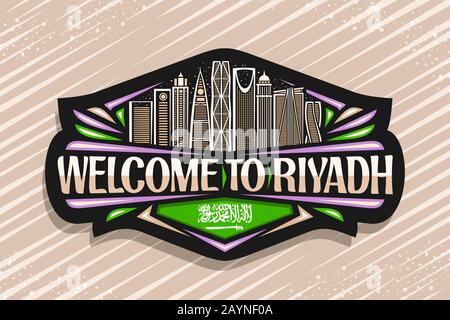 Logo vectoriel pour Riyadh, panneau décoratif noir avec illustration de la ligne de la ville moderne de riyad paysage sur fond de ciel, design d'art réfrigérateur aimant avec Illustration de Vecteur