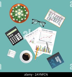 Concept d'audit. Conception réaliste de la comptabilité, de la recherche, du calcul, de la planification, de la gestion, de l'analyse financière, des données. Vue de dessus. Contexte commercial Illustration de Vecteur