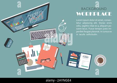 Concept d'audit. Conception réaliste de la comptabilité, de la recherche, du calcul, de la planification, de la gestion, de l'analyse financière, des données. Vue de dessus. Contexte commercial Illustration de Vecteur