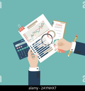 Concept d'audit. Conception réaliste de la comptabilité, de la recherche, du calcul, de la planification, de la gestion, de l'analyse financière, des données. Vue de dessus. Contexte commercial Illustration de Vecteur