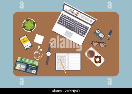 Concept d'audit. Conception réaliste de la comptabilité, de la recherche, du calcul, de la planification, de la gestion, de l'analyse financière, des données. Vue de dessus. Contexte commercial Illustration de Vecteur