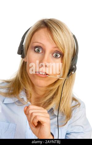 Frau mit micro-casque Banque D'Images