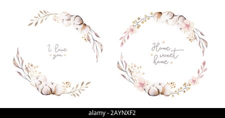 Couronne de fleurs boho aquarelle. Bohemian cadre naturel : coton fleurs, fleurs feuilles de saule. Isolé sur fond blanc. Illustration de décoration. S Banque D'Images