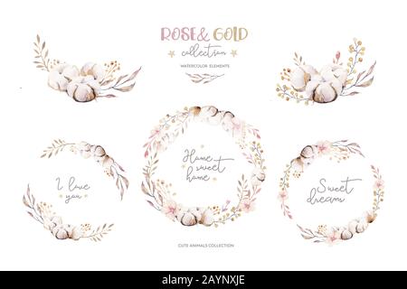 Couronne de fleurs boho aquarelle. Bohemian cadre naturel : coton fleurs, fleurs feuilles de saule. Isolé sur fond blanc. Illustration de décoration. S Banque D'Images