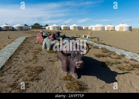 Le camp Gobi Naran Ger près des falaises de flammes dans le désert de Gobi, près de Bulgan, dans le sud de la Mongolie, où d'importants fossiles de dinosaures ont été trouvés. Banque D'Images