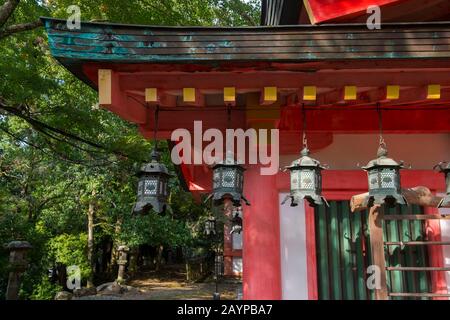 Lanternes au Grand Sanctuaire de Kasuga (Kasuga-taisha) dans la ville de Nara, dans la préfecture de Nara, au Japon. Banque D'Images