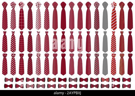 Illustration sur le thème grand ensemble de couleur différents types de cravates, noeud papillon de plusieurs tailles. Cravate constituée de vêtements en matières textiles collection noeud papillon pour être Illustration de Vecteur