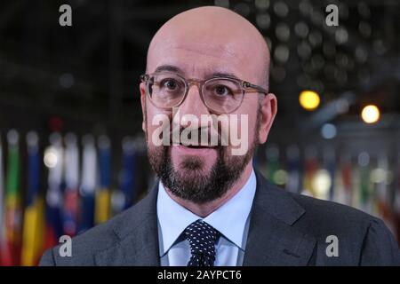 Bruxelles, Belgique. 16 février 2020. Le président du Conseil européen Charles Michel arrive pour le sommet UE-Balkans occidentaux au siège de l'UE. Crédit: Alexandros MICHAILIDIS/Alay Live News Banque D'Images