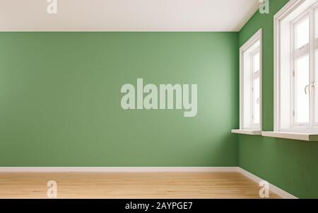 Mur maquette vert olive avec 2 grandes fenêtres dans une pièce intérieure moderne vide, rendu tridimensionnel, illustration tridimensionnelle Banque D'Images