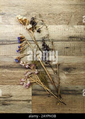 Bouquet de fleurs séchées isolé sur une table en bois d'une vue à grand angle Banque D'Images