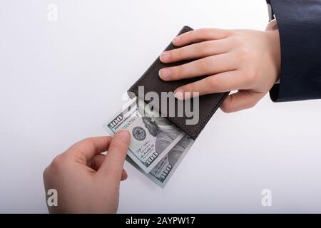 Businessman with dollar porte-monnaie et billets sur fond blanc Banque D'Images