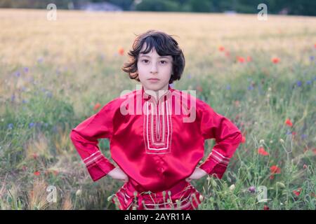 Portrait d'un garçon dans un champ avec des fleurs sauvages. Un garçon vêtu d'une chemise paysanne russe. Banque D'Images