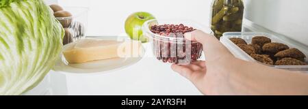 Vue rognée d'une femme prenant un plateau en plastique avec du cassis au réfrigérateur avec des aliments isolés sur blanc, photo panoramique, image de stock Banque D'Images