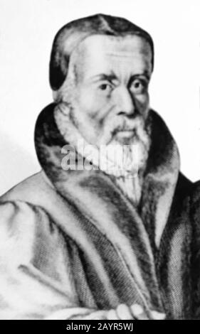 William Tyndale (1494 - 1536) était un érudit et figure de premier plan de la Réforme Protestante qui, à l'encontre de l'Église catholique et du gouvernement anglais, traduit la Bible en anglais, pour lequel il a été étranglé et brûlé sur le bûcher en 1536. Banque D'Images