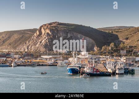 Ensenada, Mexique - 17 janvier 2012: Plusieurs bateaux de pêche et 1 remorqueur sont amarrés à leur jetée dans le port. Assis sur l'eau de la baie bleue et à l'arrière Banque D'Images