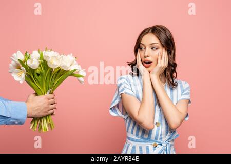 vue rognée de l'homme présentant un bouquet de tulipes blanches pour surprendre la jeune femme isolée sur le rose Banque D'Images