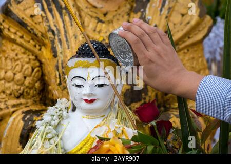 Les gens qui versent de l'eau sur un Bouddha, demandant une bonne fortune à leur poste planétaire à la Pagode Shwedagon de 2 500 ans à Yangon (Rangoon), le lar Banque D'Images