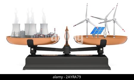 Centrale nucléaire ou panneaux solaires et éoliennes. Rendu 3D isolé sur fond blanc Banque D'Images