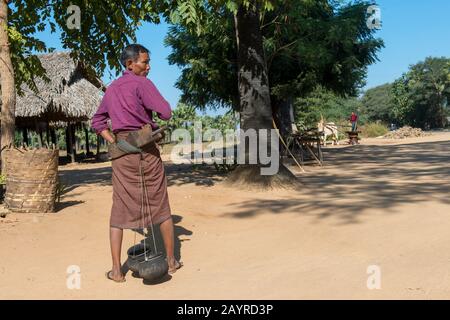 Un agriculteur avec le conteneur plein de la sève qu'il a recueilli du sommet d'un palmier pour faire du vin de palmier Toddy à Bagan, au Myanmar. Banque D'Images