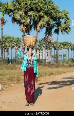 Une femme marche le long de la route de Bagan à Mandalay au Myanmar en équilibrant un panier sur sa tête. Banque D'Images