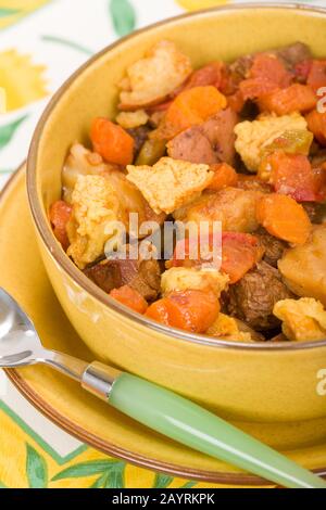 Bol de goulash hongrois avec du csipepke reposant sur une plaque avec une cuillère, sur un placemat floral Banque D'Images