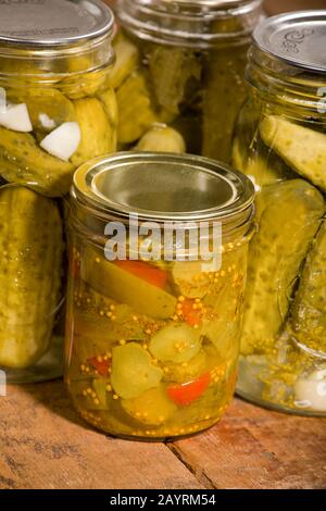 Trois bocaux de cornichons d'aneth et un pot de cornichons doux, montrant les concombres marinés, les mauvaises herbes, l'ail, les poivrons rouges et les feuilles de raisin, sur un W rustique Banque D'Images