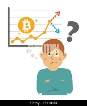 Un homme qui se demande si la valeur du bitcoin va augmenter ou tomber dans l'avenir. Illustration de Vecteur