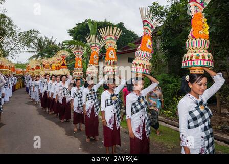 Bali, Indonésie - 26 juillet 2010: Groupe de femmes en costumes traditionnels et offre colorée sur leur tête marcher jusqu'au temple Saint Pura Tanah Lot. Banque D'Images