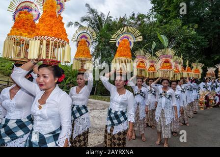 Bali, Indonésie - 26 juillet 2010: Groupe de femmes en costumes traditionnels et offre colorée sur leur tête marcher jusqu'au temple Saint Pura Tanah Lot. Banque D'Images