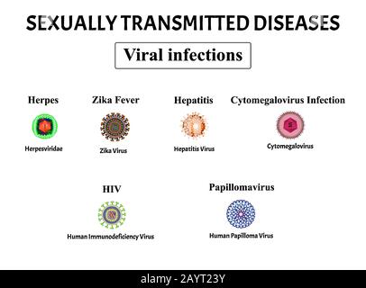 VIH, herpès, papillomavirus, SIDA, hépatite, cytomégalovirus, virus Zika. Ensemble d'infections virales. Maladies sexuellement transmissibles. Infographies Illustration de Vecteur