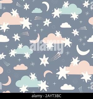 Motif étoiles, lune et nuage. Mignonne vecteur nuit ciel répéter. Illustration de Vecteur