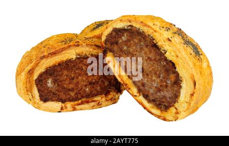 Petits pains salés au porc et au boudin noir isolés sur un fond blanc Banque D'Images