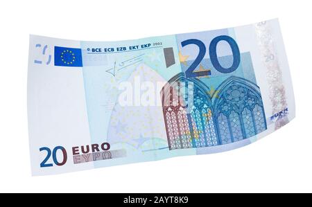 Vingt billets en euros sur fond blanc. Contexte pour le design créatif ou le travail d'art. Banque D'Images