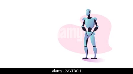 mignonne robot cyborg moderne robot caractère debout pose artificielle intelligence concept pleine longueur horizontale vecteur illustration Illustration de Vecteur