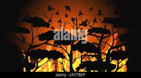 silhouettes d'oiseaux survolant la forêt de feu de forêt s'échappant des feux en australie animaux mourant dans le bushfire naturel concept intense flammes orange illustration horizontale de vecteur Illustration de Vecteur