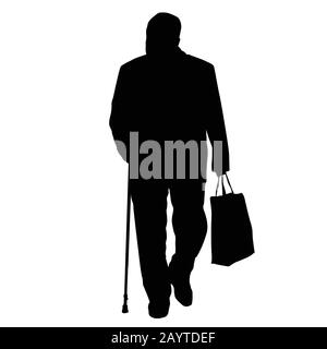 Silhouette d'homme ancien avec bâton et sac à provisions sur fond blanc, illustration vectorielle Illustration de Vecteur