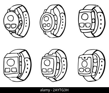 Montre intelligente de tracker de fitness , dessin vectoriel de dessin animé. Appareil portable moderne et élégant. Illustration isolée Illustration de Vecteur