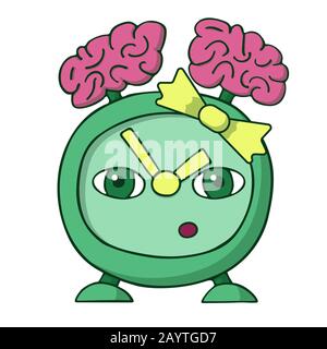 vieille fille d'alarme verte avec des cerveaux sur la tête au lieu d'une cloche. montre intelligente. fond blanc bande dessinée isolée illustration vectorielle de stock Illustration de Vecteur