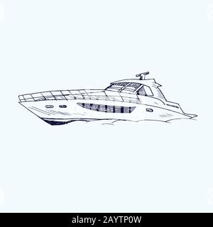 Type de bateau à moteur, gribouille dessinée à la main, croquis, illustration en noir et blanc Banque D'Images