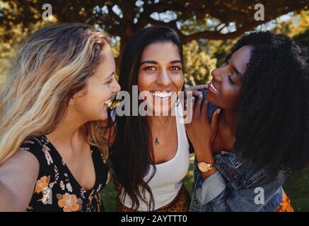 Jeune groupe de femmes excitées posant entre des amis de charme dans des vêtements branchés prenant selfie - jeunes filles prenant un selfie dans un parc ensoleillé Banque D'Images