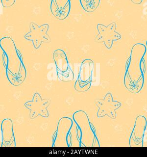 Chaussure flop sur fond de motif vectoriel sans coutures sur la plage. Contour dessiné à la main avec de jolis étoiles de mer sur fond de sable texturé. Vacances d'été Illustration de Vecteur
