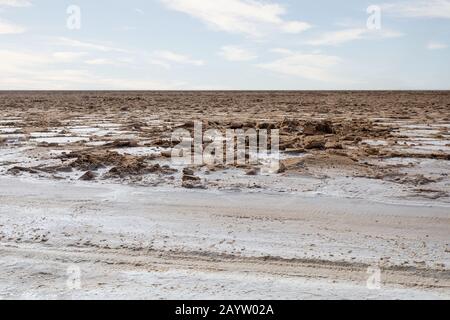 Vue panoramique sur le lac de cristal de sel de karum dans la dépression de Danakil, région d'Afar Ethiopie, Afrique sauvage. Banque D'Images