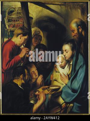 L'adoration des bergers. Musée: Musée Mayer van den Bergh, Anvers. Auteur: Jacob JORDAENS. Banque D'Images