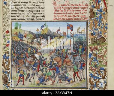 La bataille d'Auray le 29 septembre 1364 (miniature des grandes chroniques de France par Jean Froissart). MUSÉE: BIBLIOTHÈQUE NATIONALE DE FRANCE. Auteur: LOYSET LIEDET. Banque D'Images