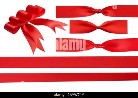 Ensemble pour la conception d'un joli noeud rouge inhabituel avec cinq boucles, deux rubans de satin cadeau rouge vif et trois sortes de noeuds isolés sur blanc Banque D'Images
