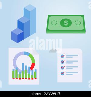 Ensemble d'une icône d'écran plat, graphique, argent, infographie, document, illustration vectorielle de conception plate Illustration de Vecteur