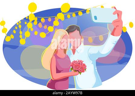 Couple à prom prendre selfie sur la piste de danse. Célébration du diplôme lors de la fête de nuit. Jeunes élèves en soirée promenade concept d'école. Vacances romantiques, événement de vacances. Vecteur isolé de relation. Illustration de Vecteur