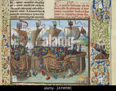La bataille navale de Guernesey, 1342 (miniature des grandes chroniques de France par Jean Froissart). MUSÉE: BIBLIOTHÈQUE NATIONALE DE FRANCE. Auteur: LOYSET LIEDET. Banque D'Images