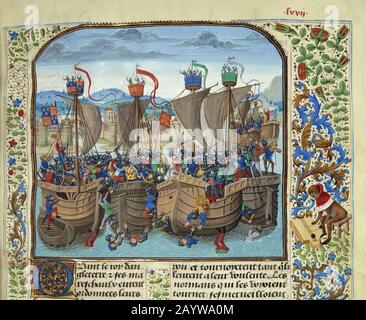 La bataille de Sluys le 24 juin 1340 (miniature des grandes chroniques de France par Jean Froissart). MUSÉE: BIBLIOTHÈQUE NATIONALE DE FRANCE. Auteur: LOYSET LIEDET. Banque D'Images