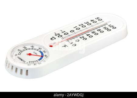 Instrument combiné domestique pour mesurer la température et l'humidité, sur un fond blanc isolé. Banque D'Images